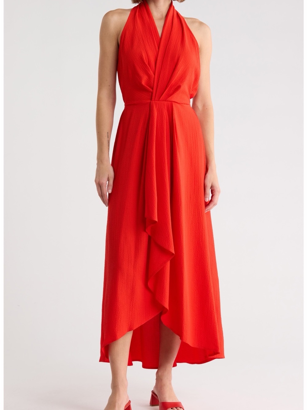 Calvin Klein Red Halter High-Low Ruffle Midi Dress Size 8